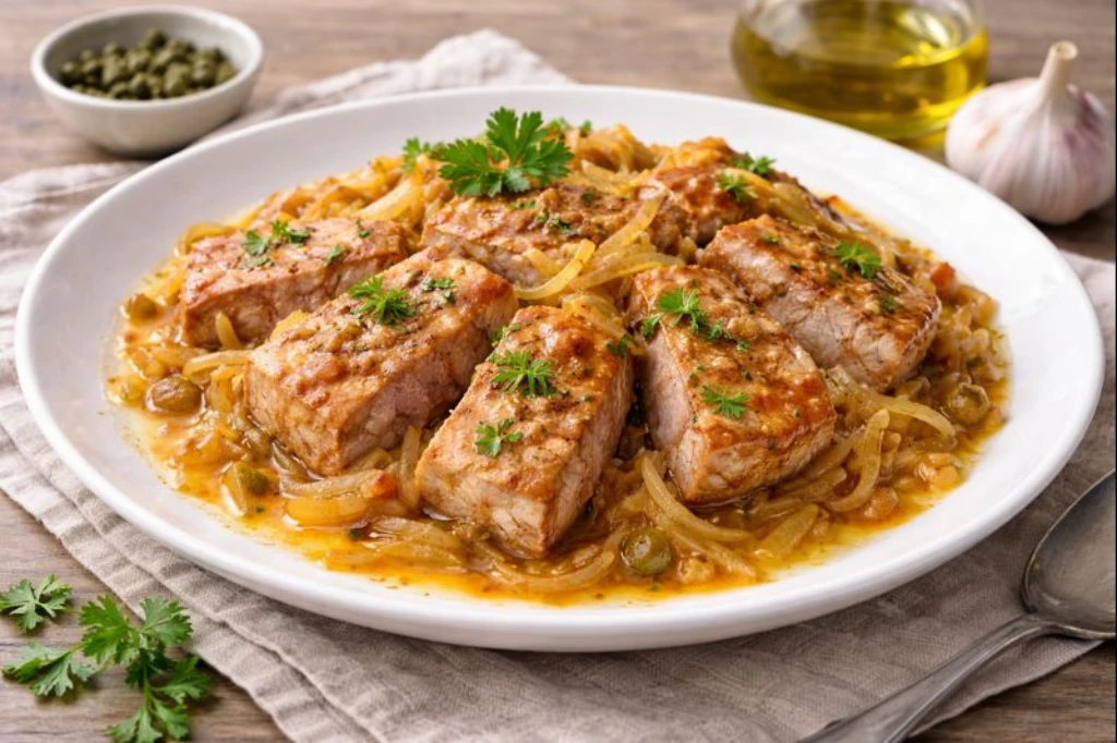 At&uacute;n encebollado con tacos de at&uacute;n marcados y cebolla pochada en juliana, servido en plato blanco con salsa ligera de aceite de oliva y perejil.