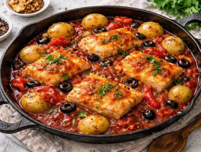 Bacalao a la riojana servido en plato blanco, con lomos de bacalao jugosos cubiertos de salsa roja y tiras de pimiento, terminado con perejil picado, fotograf&iacute;a gourmet luminosa sobre fondo neutro.