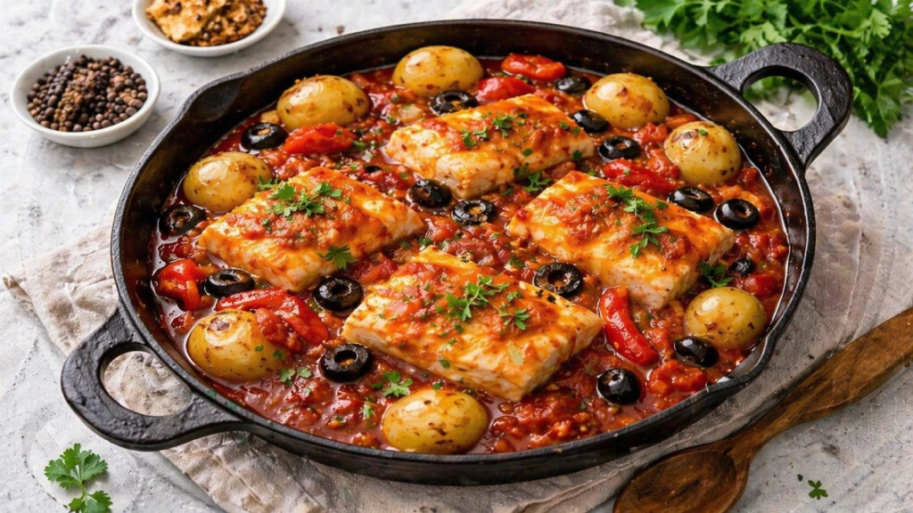 Bacalao a la riojana servido en plato blanco, con lomos de bacalao jugosos cubiertos de salsa roja y tiras de pimiento, terminado con perejil picado, fotograf&iacute;a gourmet luminosa sobre fondo neutro.