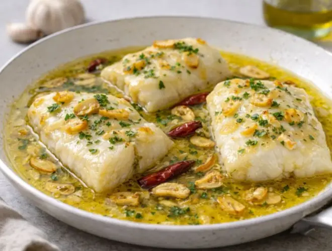 Bacalao al pil pil con salsa emulsionada de aceite de oliva, ajo laminado y guindilla, servido en sart&eacute;n blanca con luz natural