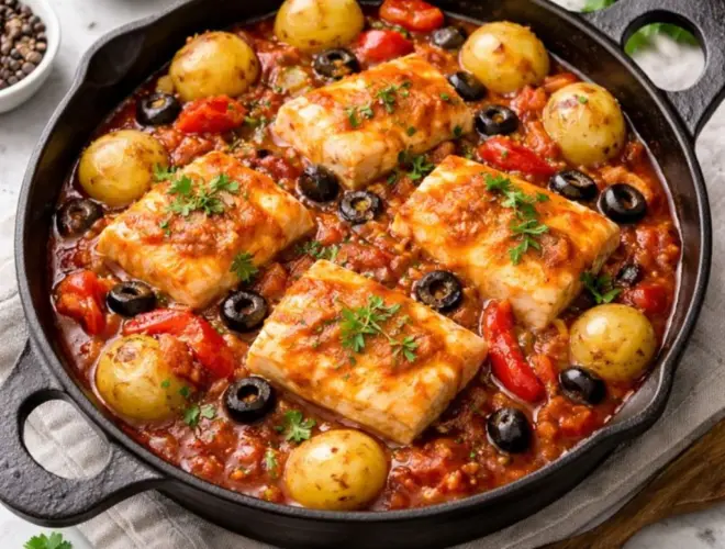 Bacalao a la riojana servido en plato blanco, con lomos de bacalao jugosos cubiertos de salsa roja y tiras de pimiento, terminado con perejil picado, fotograf&iacute;a gourmet luminosa sobre fondo neutro.