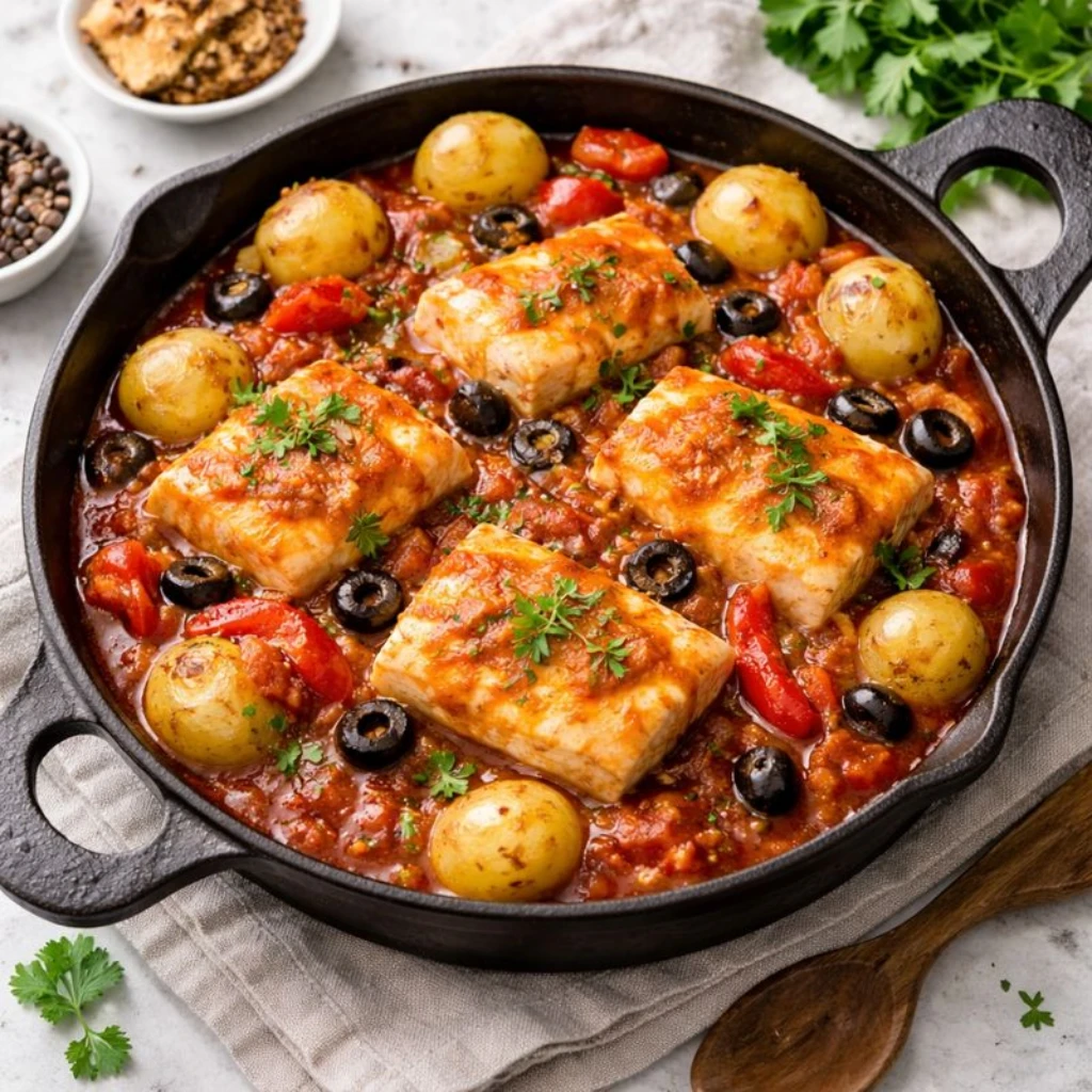 Bacalao a la riojana servido en plato blanco, con lomos de bacalao jugosos cubiertos de salsa roja y tiras de pimiento, terminado con perejil picado, fotograf&iacute;a gourmet luminosa sobre fondo neutro.