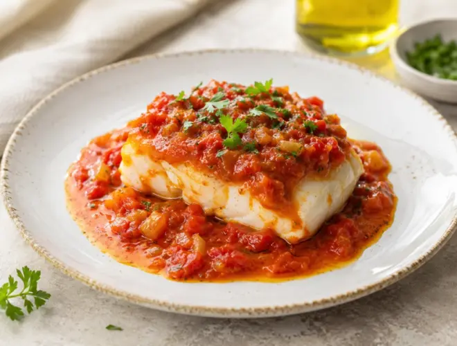 Bacalao con tomate con salsa casera sobre plato blanco, presentaci&oacute;n gourmet y luminosa
