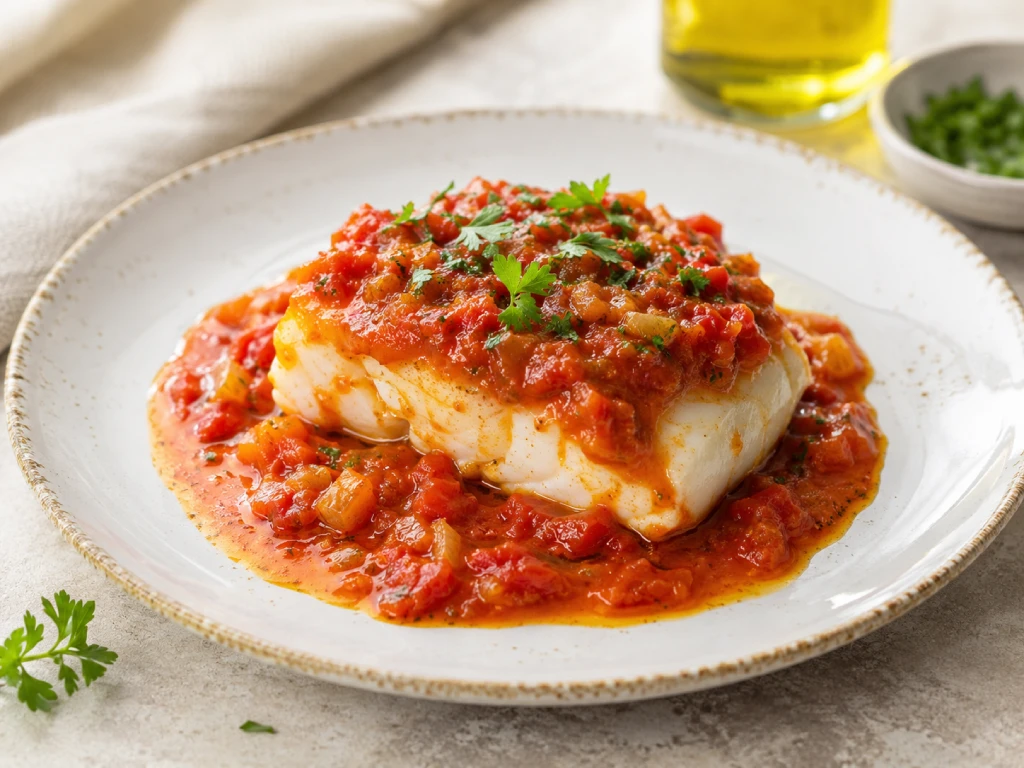 Bacalao con tomate con salsa casera sobre plato blanco, presentaci&oacute;n gourmet y luminosa