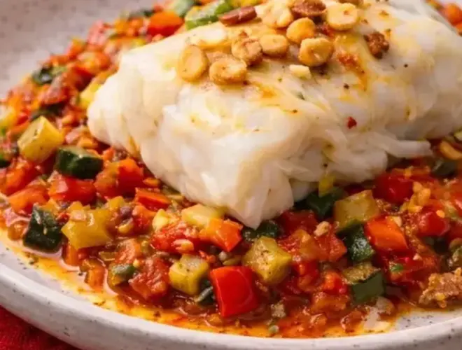 Bacalao confitado suave sobre pisto de verduras con ajo crujiente, cena saludable para Nochebuena