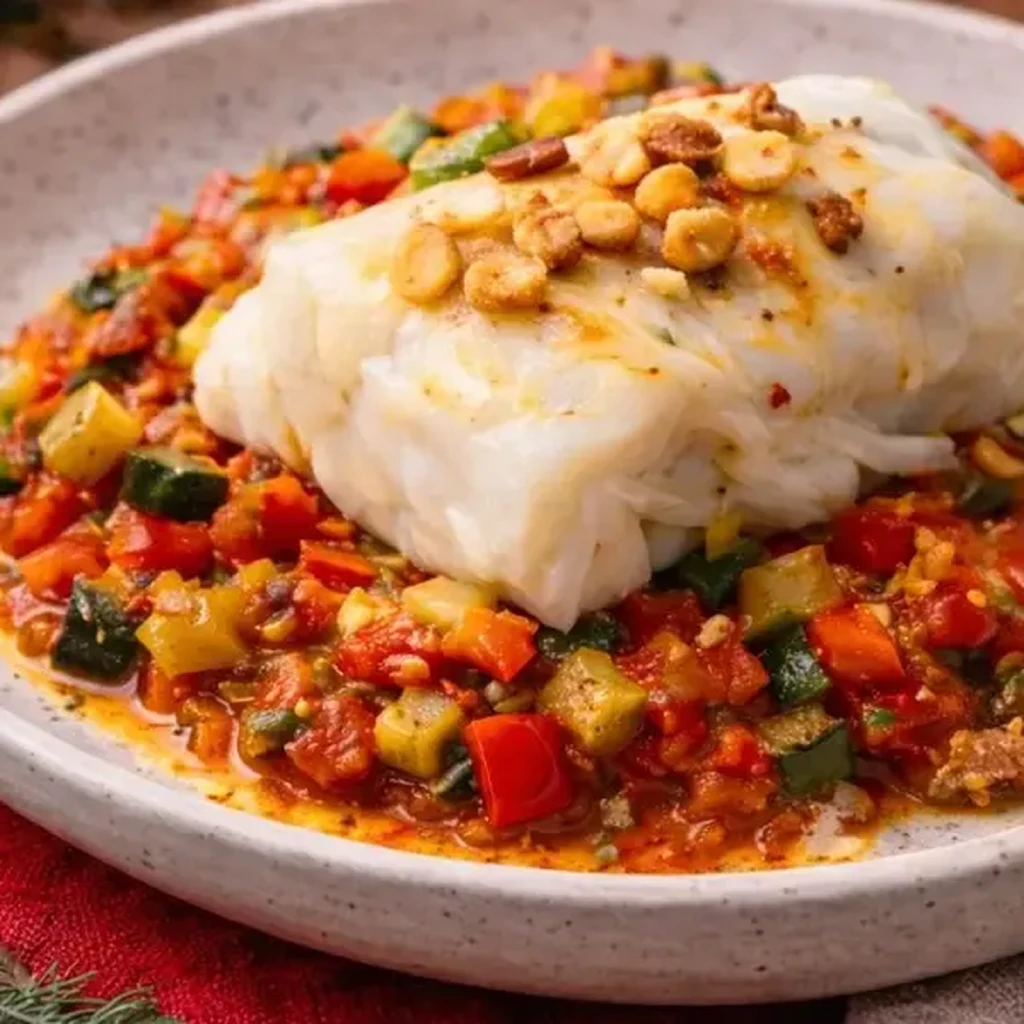 Bacalao confitado suave sobre pisto de verduras con ajo crujiente, cena saludable para Nochebuena