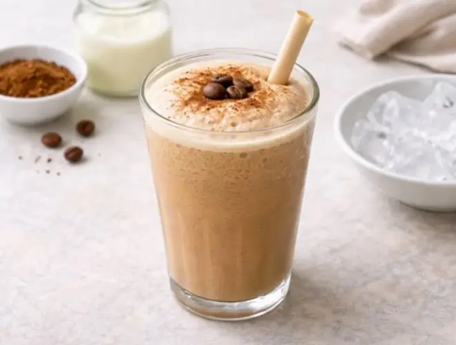 Batido light de caf&eacute; cremoso y fr&iacute;o servido en vaso alto, con espuma ligera y canela espolvoreada, fotograf&iacute;a luminosa estilo gourmet sobre fondo neutro.