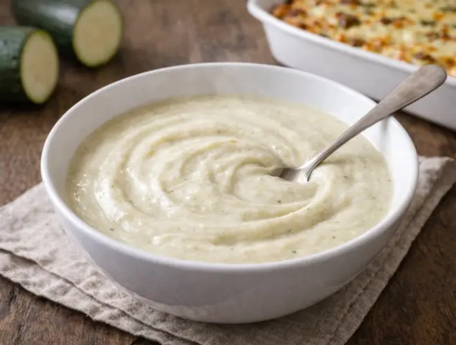 Bechamel baja en calor&iacute;as cremosa en cuenco blanco, salsa ligera tipo bechamel de calabac&iacute;n con luz natural