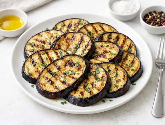 Berenjenas a la plancha en rodajas doradas con aceite de oliva y sal, servidas en plato blanco con luz natural