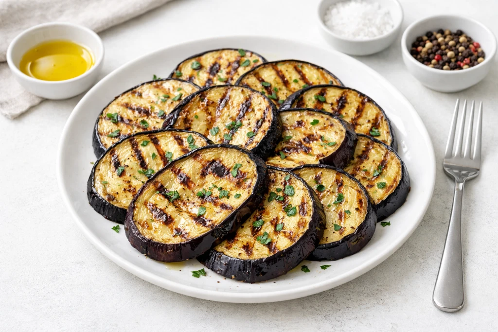 Berenjenas a la plancha en rodajas doradas con aceite de oliva y sal, servidas en plato blanco con luz natural