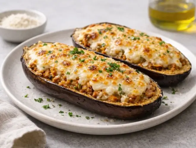 Berenjenas rellenas de carne gratinadas con bechamel ligera y queso rallado light, servidas en plato neutro con luz natural