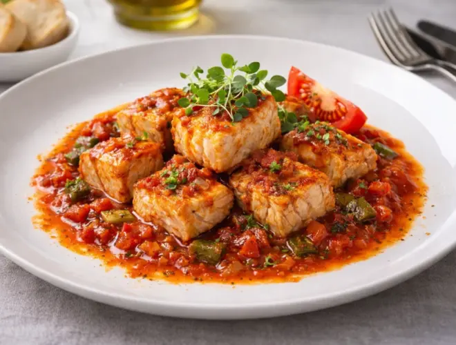 Bonito con tomate en salsa de tomate con cebolla y pimiento verde, servido en cuenco blanco y terminado con perejil fresco.