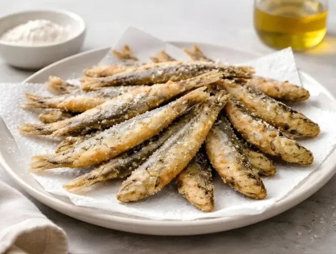 Boquerones fritos crujientes reci&eacute;n hechos sobre papel de cocina en plato cer&aacute;mico neutro, con luz natural y estilo gourmet
