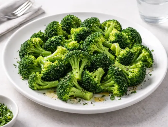 Br&oacute;coli al vapor en ramilletes verdes, ali&ntilde;ado con aceite de oliva y salpimentado, servido en plato blanco con luz natural y fondo neutro.