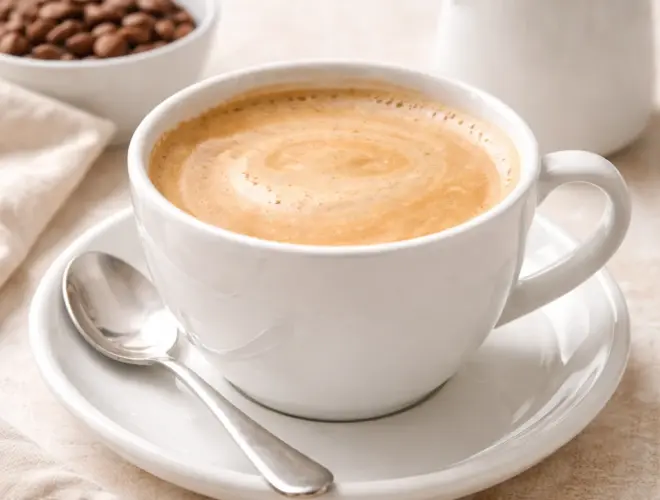 Caf&eacute; con leche en taza de cer&aacute;mica blanca con espuma ligera, sobre mesa clara y fondo neutro, estilo gourmet y muy luminoso