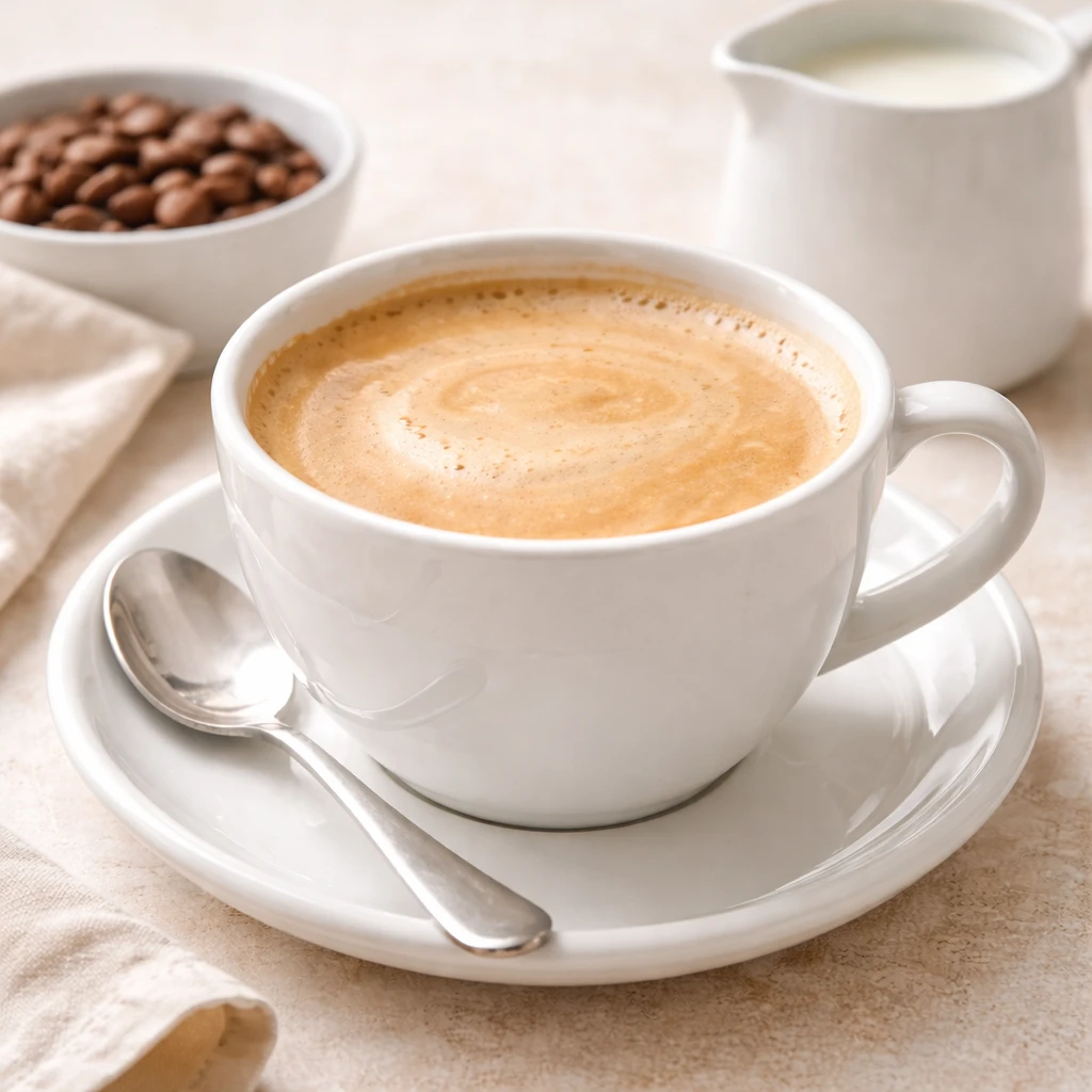 Caf&eacute; con leche en taza de cer&aacute;mica blanca con espuma ligera, sobre mesa clara y fondo neutro, estilo gourmet y muy luminoso