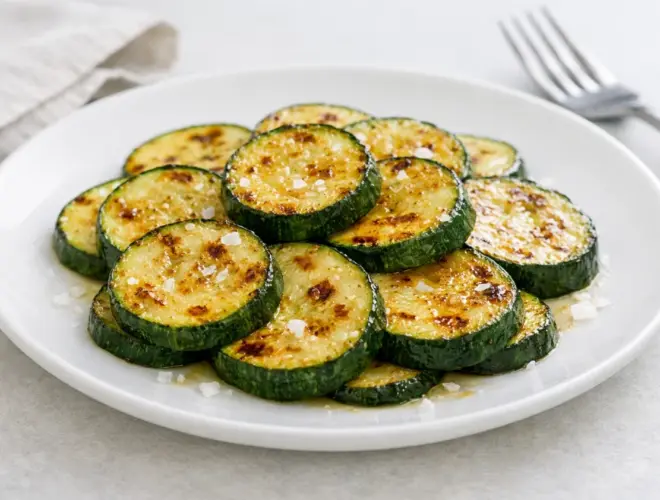 Calabac&iacute;n a la plancha en rodajas doradas con aceite de oliva y sal, servido en plato blanco con luz natural