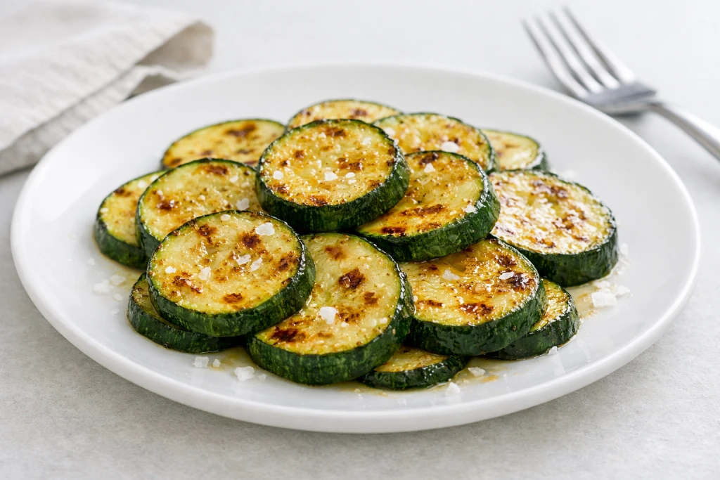 Calabac&iacute;n a la plancha en rodajas doradas con aceite de oliva y sal, servido en plato blanco con luz natural