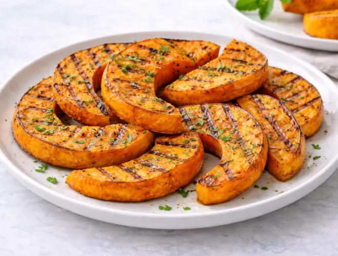 Rodajas de calabaza a la plancha doradas por ambos lados, servidas en plato blanco con fondo neutro y luz natural.