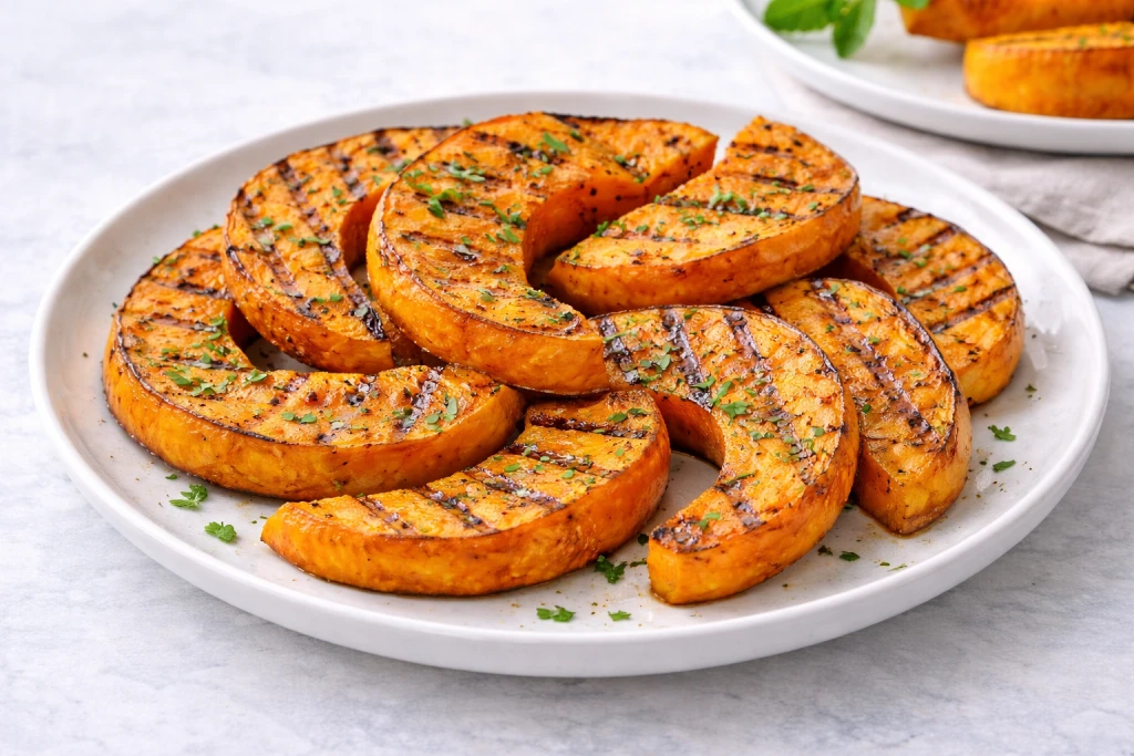 Rodajas de calabaza a la plancha doradas por ambos lados, servidas en plato blanco con fondo neutro y luz natural.