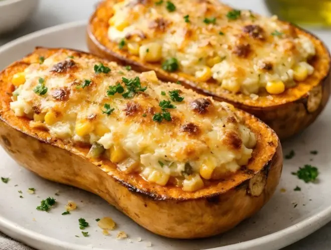 Calabaza rellena al horno gratinada con parmesano, ma&iacute;z y ricota, servida en plato neutro con luz natural