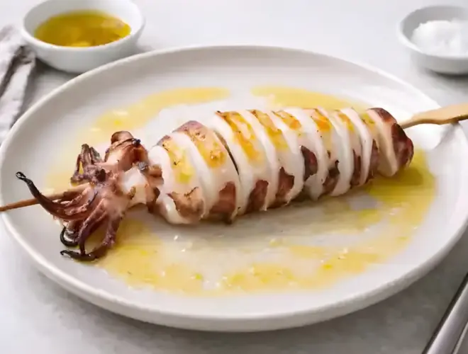 Calamar espetado a la plancha en brochetas, dorado y tierno, con sal gruesa sobre plato claro y fondo neutro