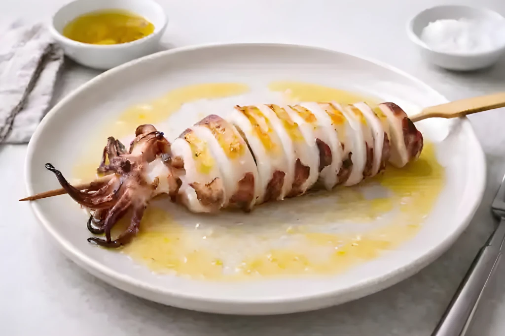 Calamar espetado a la plancha en brochetas, dorado y tierno, con sal gruesa sobre plato claro y fondo neutro