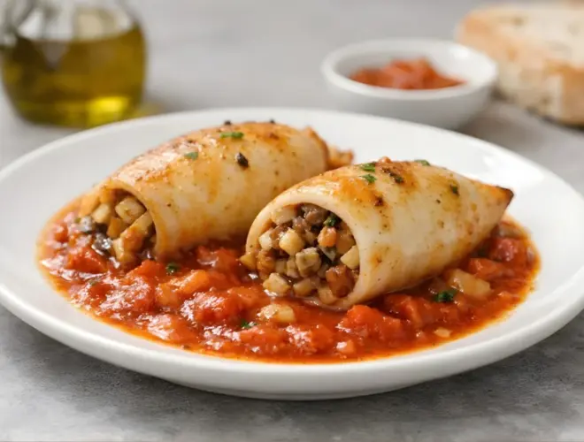 Calamares rellenos f&aacute;ciles en salsa de tomate, emplatados de forma gourmet y luminosa