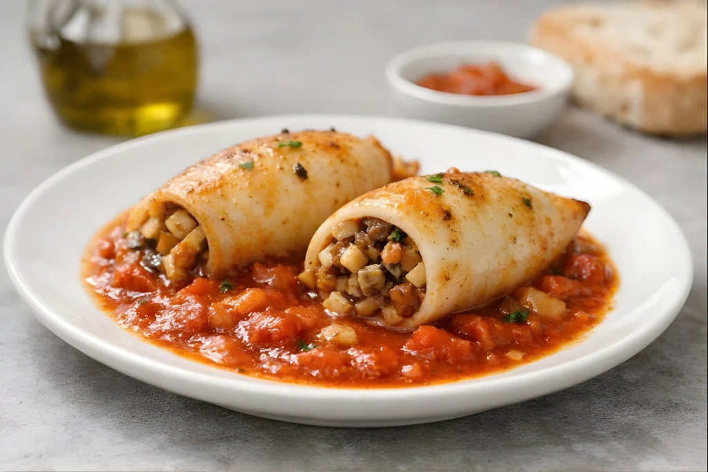Calamares rellenos f&aacute;ciles en salsa de tomate, emplatados de forma gourmet y luminosa