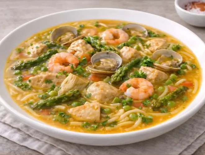 Cazuela de fideos servida en cazuela de barro con caldo dorado, fideos, pollo, almejas, gambas, alcachofas, esp&aacute;rragos y guisantes, en foto muy luminosa con fondo neutro.