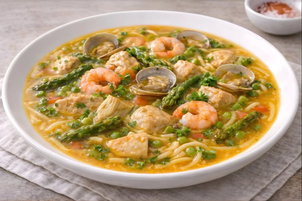 Cazuela de fideos servida en cazuela de barro con caldo dorado, fideos, pollo, almejas, gambas, alcachofas, esp&aacute;rragos y guisantes, en foto muy luminosa con fondo neutro.