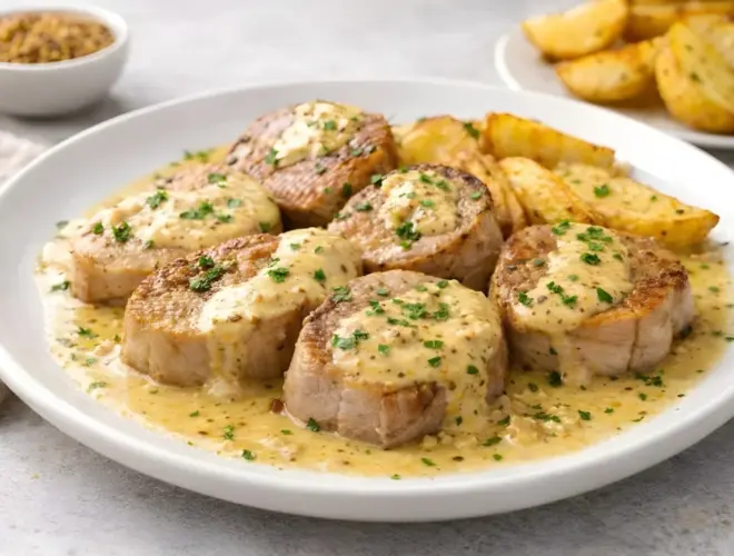 Cerdo con mostaza en salsa cremosa, servido en plato llano con acabado gourmet, fotograf&iacute;a luminosa y realis