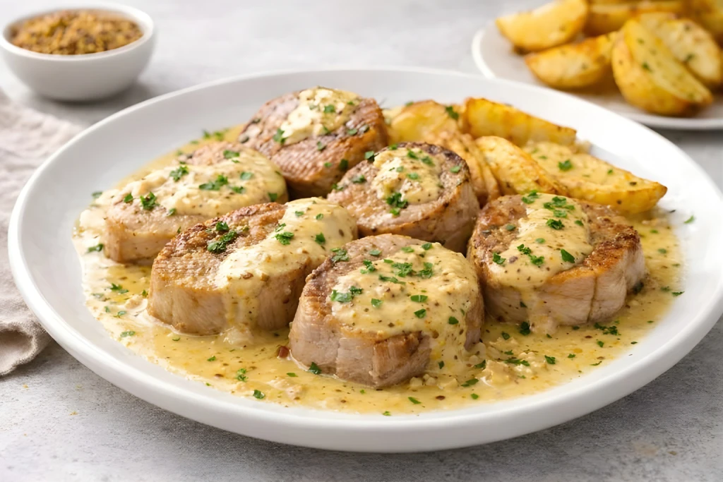 Cerdo con mostaza en salsa cremosa, servido en plato llano con acabado gourmet, fotograf&iacute;a luminosa y realis