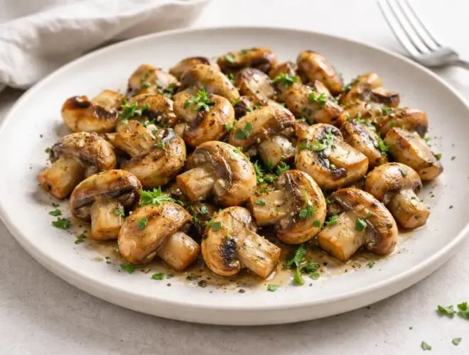Champi&ntilde;ones a la plancha dorados con aceite de oliva, perejil y pimienta, servidos en plato blanco, fotograf&iacute;a luminosa.