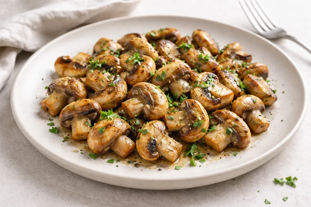 Champi&ntilde;ones a la plancha dorados con aceite de oliva, perejil y pimienta, servidos en plato blanco, fotograf&iacute;a luminosa.
