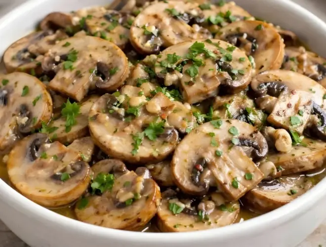 Champi&ntilde;ones al ajillo salteados con ajo y perejil, brillantes en aceite de oliva, servidos en cuenco blanco sobre fondo neutro.