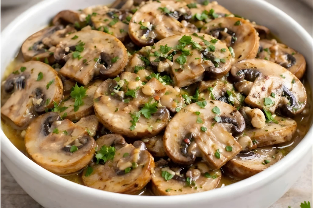 Champi&ntilde;ones al ajillo salteados con ajo y perejil, brillantes en aceite de oliva, servidos en cuenco blanco sobre fondo neutro.