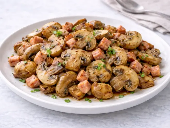 Champiñones salteados con taquitos de pavo dorados, servidos en plato blanco con estilo minimalista y luz natural.
