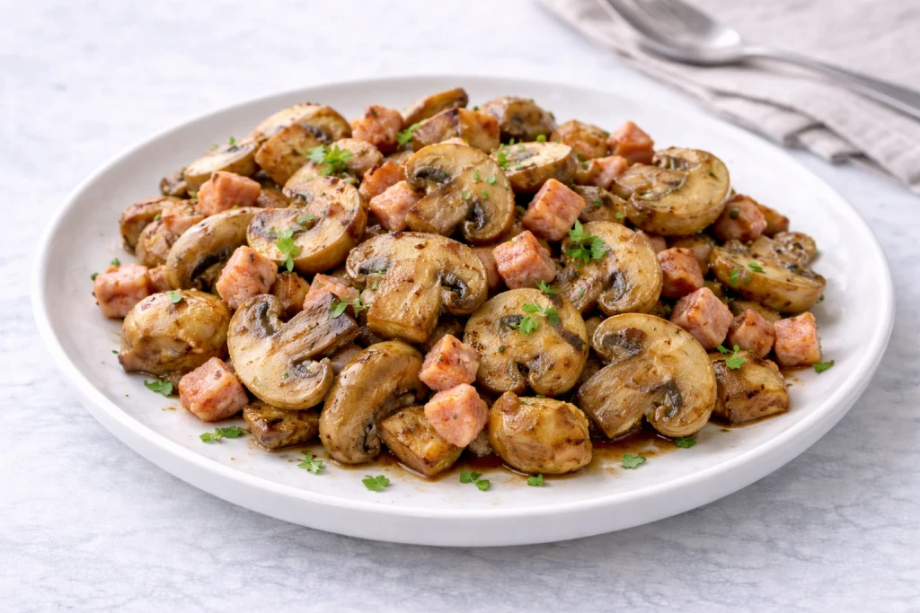 Champi&ntilde;ones salteados con taquitos de pavo dorados, servidos en plato blanco con estilo minimalista y luz natural.