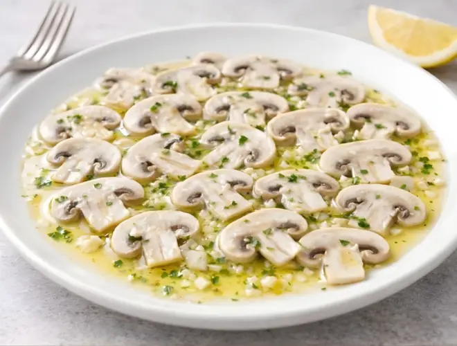 Champi&ntilde;ones en vinagre con ajo y perejil en bol de cristal, aperitivo casero ligero, fotograf&iacute;a realista y luminosa
