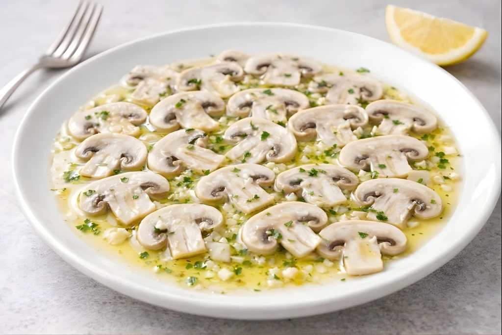 Champi&ntilde;ones en vinagre con ajo y perejil en bol de cristal, aperitivo casero ligero, fotograf&iacute;a realista y luminosa