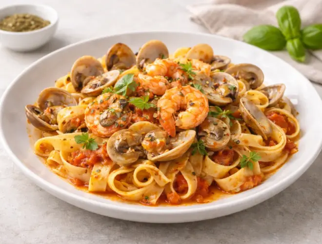 Cintas terra e mare: pasta tipo cintas con gambas, almejas y setas en salsa de tomate, presentaci&oacute;n gourmet y luminosa