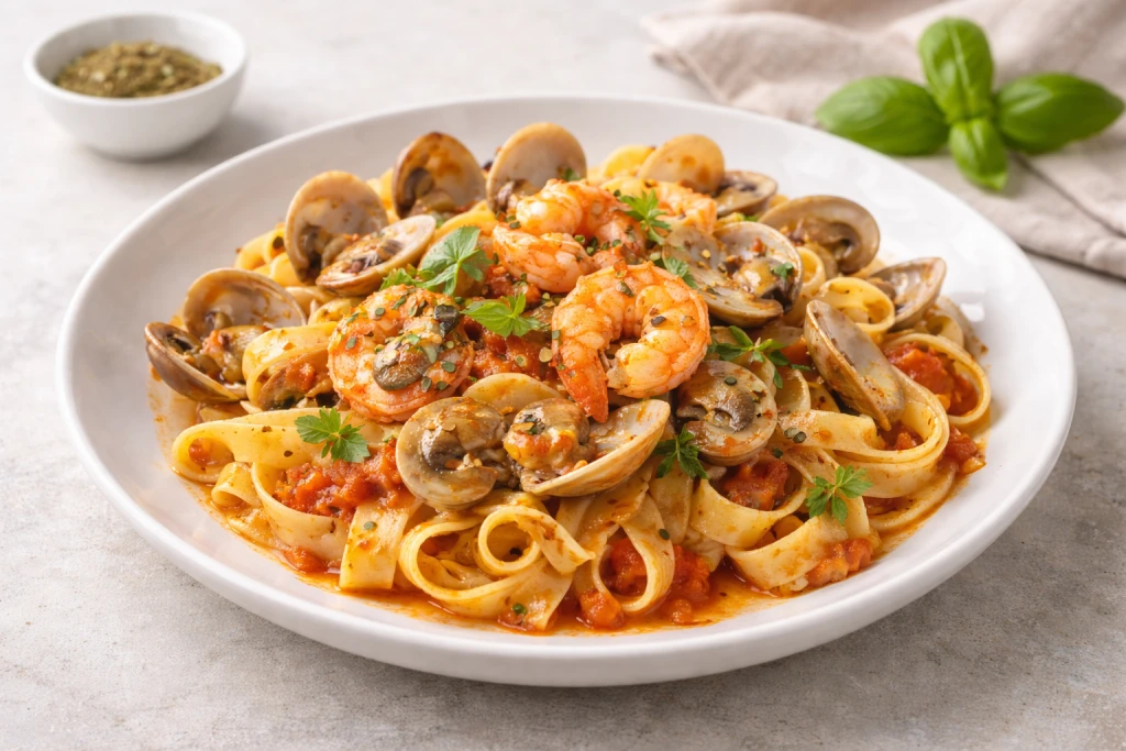 Cintas terra e mare: pasta tipo cintas con gambas, almejas y setas en salsa de tomate, presentaci&oacute;n gourmet y luminosa