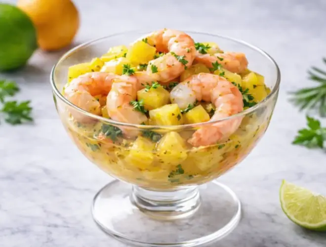 C&oacute;ctel de langostinos con vinagreta de c&iacute;tricos servido en copa, con pi&ntilde;a y mango en dados y perejil por encima