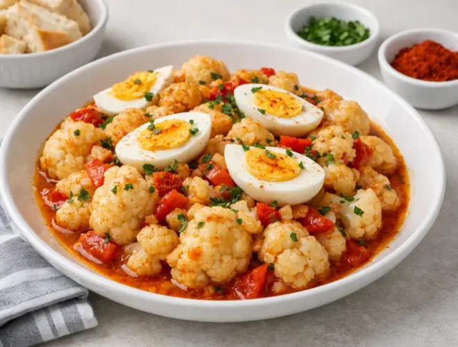 Coliflor al ajoarriero cohuevo duro, salsa de ajo, piment&oacute;n y vinagre, presentada en plato blanco con perejil, fotograf&iacute;a gourmet luminosa y realista