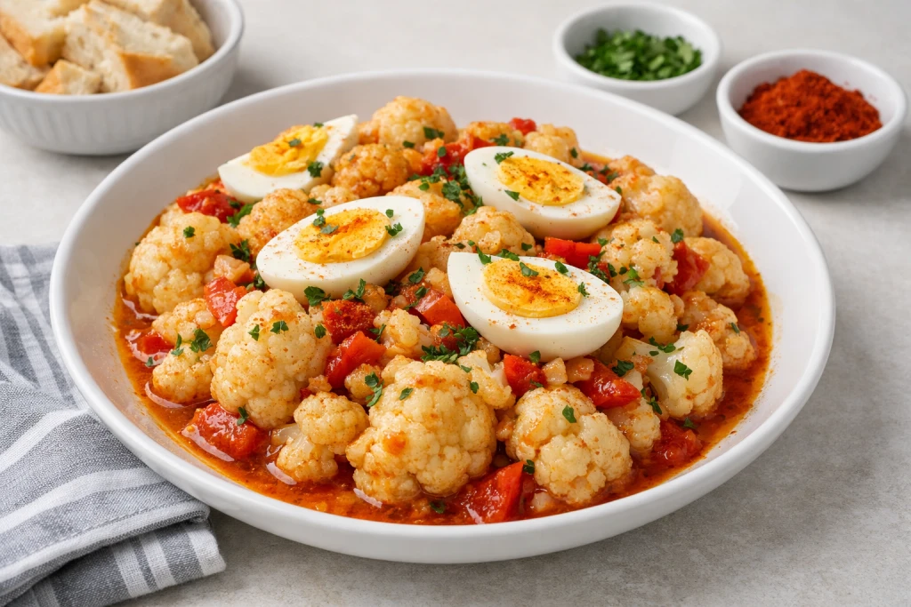 Coliflor al ajoarriero cohuevo duro, salsa de ajo, piment&oacute;n y vinagre, presentada en plato blanco con perejil, fotograf&iacute;a gourmet luminosa y realista