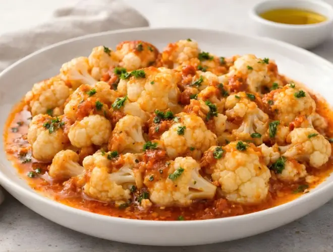 Coliflor al ajoarriero con salsa de ajo, piment&oacute;n y vinagre, presentada en plato blanco con perejil, fotograf&iacute;a gourmet luminosa y realista