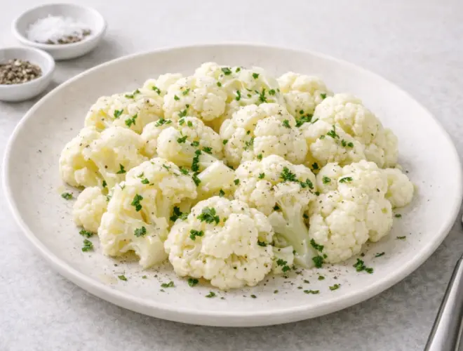 Coliflor hervida en ramilletes, tierna pero firme, servida en plato con sal y pimienta, foto luminosa y realista
