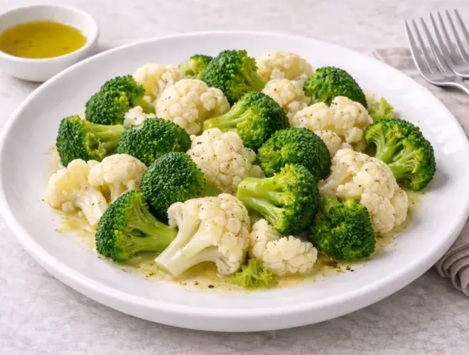 Coliflor y br&oacute;coli al vapor servidos en plato blanco, verduras tiernas con un ligero brillo de aceite de oliva, fotograf&iacute;a luminosa con fondo neutro.