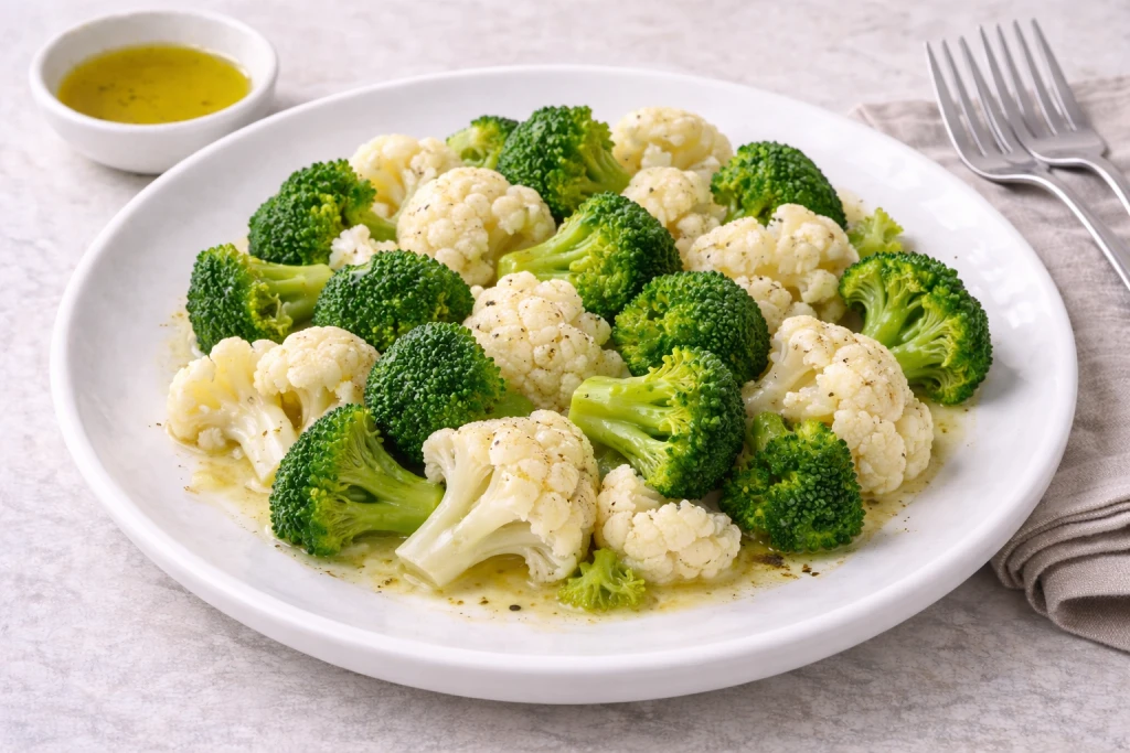Coliflor y br&oacute;coli al vapor servidos en plato blanco, verduras tiernas con un ligero brillo de aceite de oliva, fotograf&iacute;a luminosa con fondo neutro.
